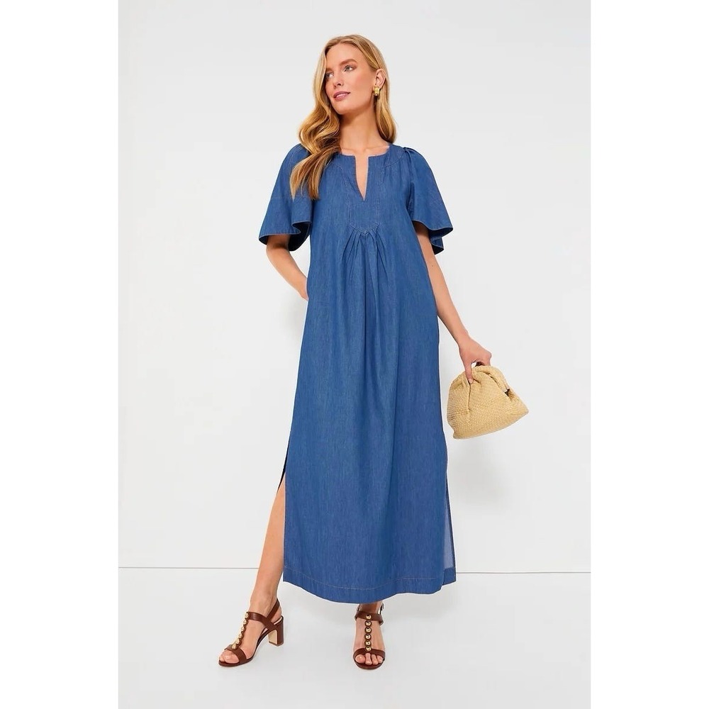 Tuckernuck Pomander Place Finley Denim Flutter Sleeve Maxi Dress L Chambray NWT